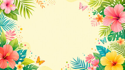 Colorful Tropical Hibiscus Flower and Palm Leaf Border Illustration with Butterflies and Copy Space on Soft Yellow Background