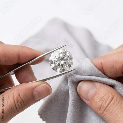 Jeweler polishing a diamond with tweezers on cleaning cloth  