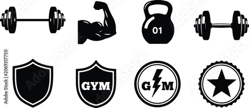 Tableau sur toile Set of black and white gym and fitness icons featuring barbells dumbbells kettle
