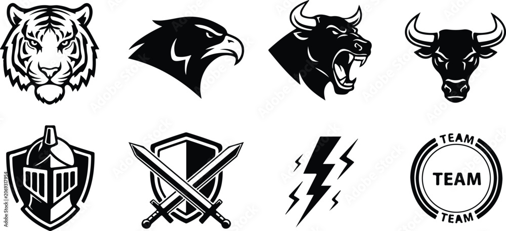 Fototapeta premium Set of eight stylized animal and team logo graphics featuring tiger head eagle bull shield lightning bolt crossed swords and circular team badge designs