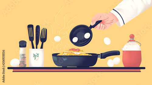 Chef cooks eggs on stove with utensils and condiments nearby indoors