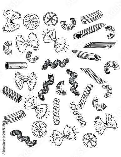 Italian Pasta Types Doodles Set Retro Hand Drawn Macaroni Food Icon Elements