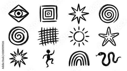 Tableau sur toile Collection of hand drawn primitive symbols and icons including eye, star, sun, snake and rainbow