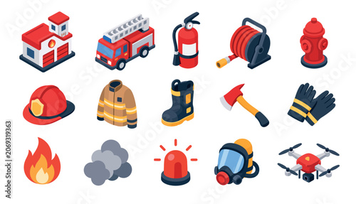 Canvas Print Firefighter equipment and tools icons.