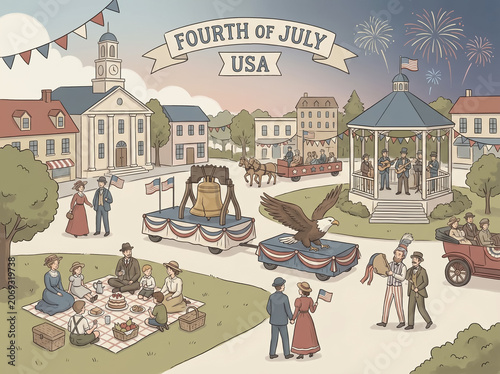 Historic town square parade celebration for Independence Day holiday