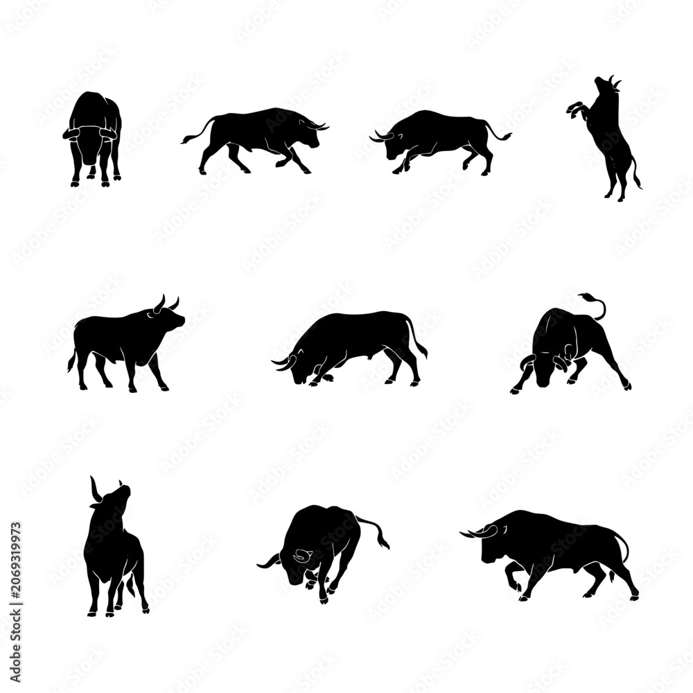 Obraz premium Bulls in Various Poses as Black Silhouettes on White Background Featuring Bull, Silhouette, Animal with Cattle and Illustration