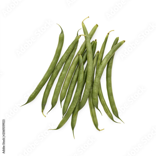 Top view of fresh green bean pods pile isolated on transparent background