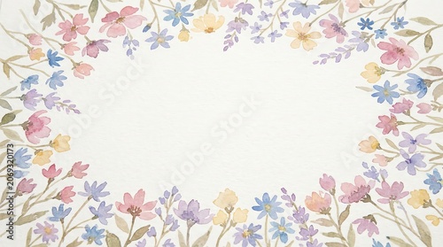 Delicate watercolor floral frame with soft pastel blossom and botanical branch on light background. Elegant hand painted border with copy space for wedding invitation or greeting card.