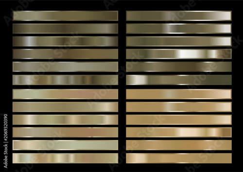 Premium champagne metallic gradient swatches collection with gold, silver, rose gold and chrome tones. Elegant color palette for luxury branding, UI design, fashion, packaging and creative projects.