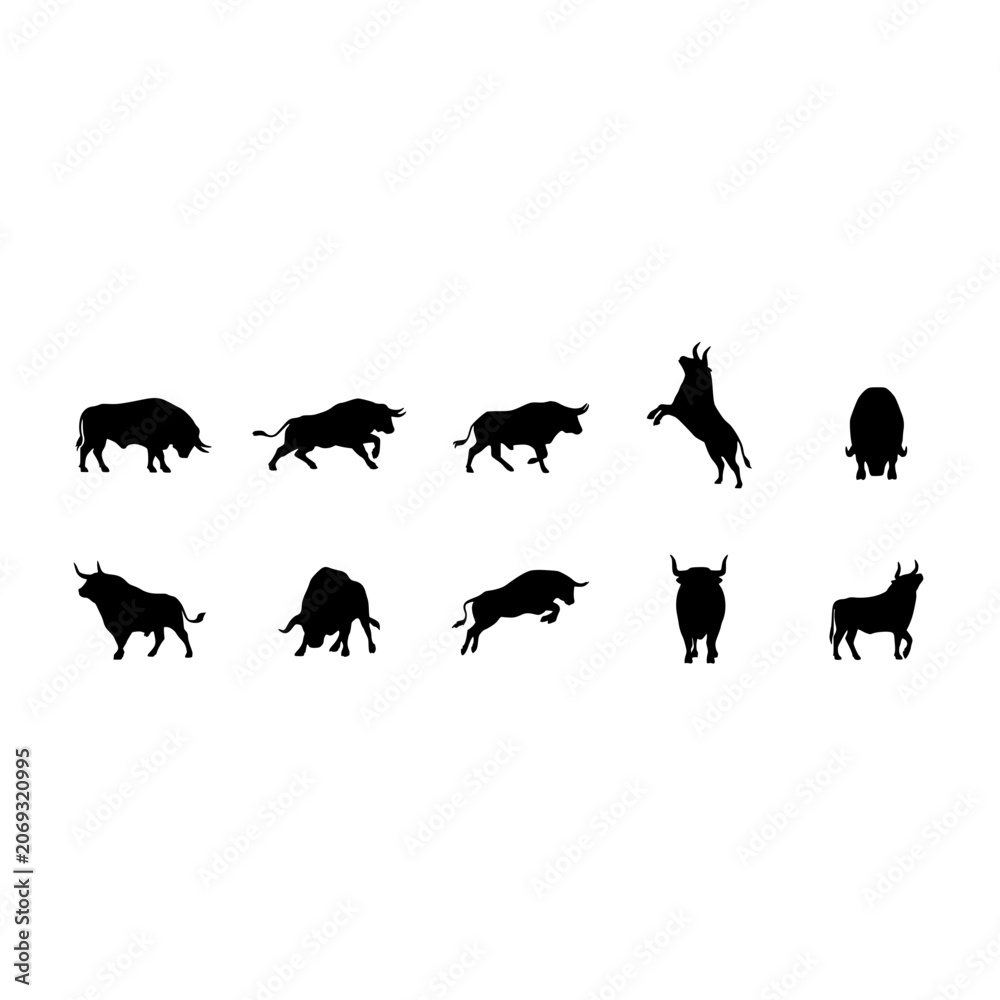 Obraz premium Bulls in Various Poses as Black Silhouettes on White Background Featuring Bull, Silhouette, Animal with Livestock and Cattle