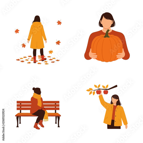 Autumn season woman character set picking apples plus holding pumpkin and walking in leaves.