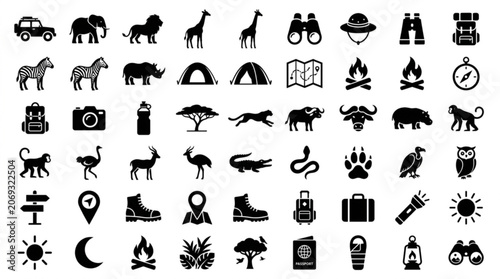 Various icons of animals, travel, and outdoor activities are displayed