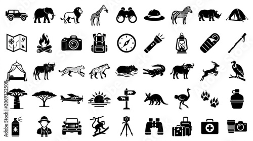 Wildlife safari adventure with various animals and exploration gear in savannah