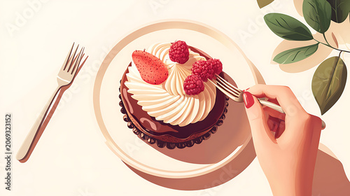 Woman eating cake with strawberries on a plate with fork and knife