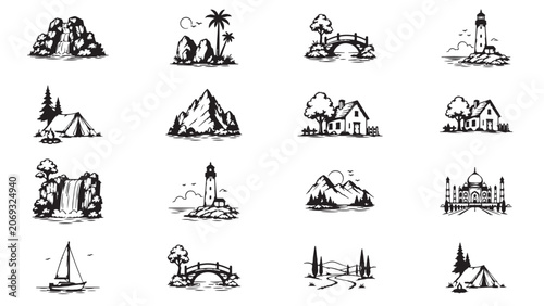 Nature landscape and travel landmarks black vector illustrations set isolated on white background