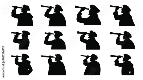 Fotografie Twelve silhouettes of sailors using handheld telescopes for exploration concept designs