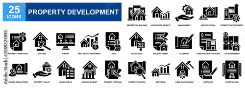 Property Development icon set collection. Containing design Architectural, Management, Property Portfolio, Blueprint, Mortgage