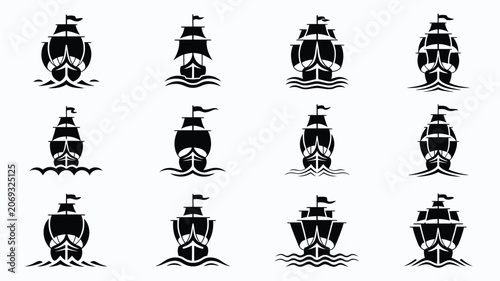 Quadro su tela Collection of front view sailing ship vector illustration designs