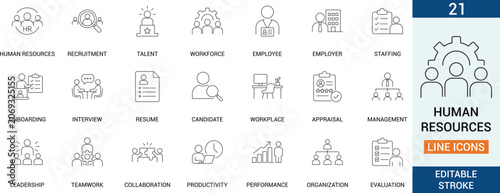 Human Resources Recruitment Workforce Candidate Resume Leadership Evaluation Vector Icon Set.