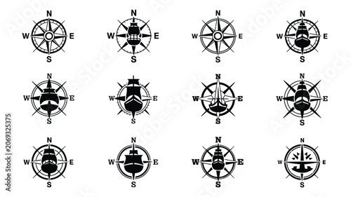 Картината върху платно Compilation of compass icons with varied sailing vessel illustrations in black and white