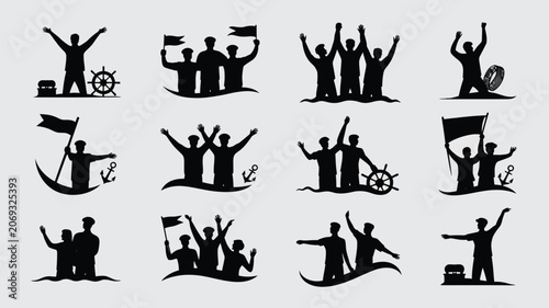 Fotografie Silhouette set of sailors and crew members with nautical objects on light grey background