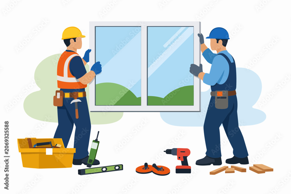 Fototapeta premium Two Construction Workers Installing Energy Efficient Window