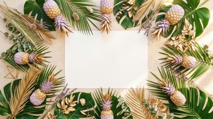 Tropical pineapple and palm leaf arrangement with gold accents and blank space
