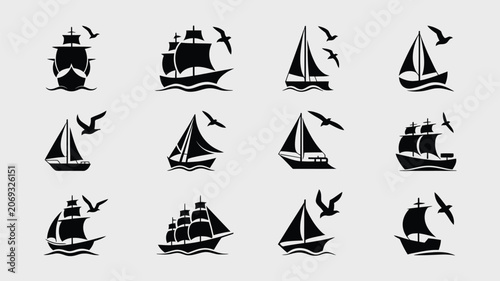 Bild auf Leinwand Twelve sailing ship and boat icons with seagull silhouettes on simple light grey background