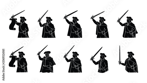 Obraz na plátně Conquistador explorer silhouette set holding sword and scroll in various classical poses
