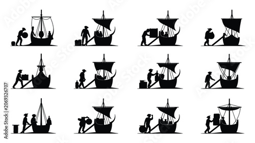 Bild auf Leinwand Set of black vector icons illustrating sailors loading and unloading cargo onto ships port