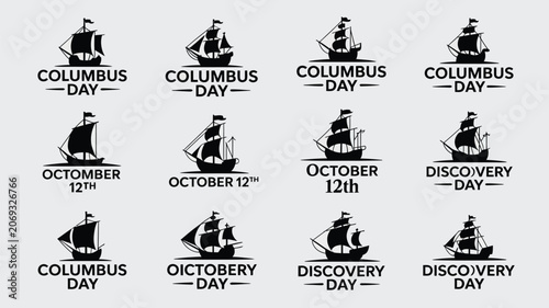 Bild auf Leinwand Columbus day sailing ship emblem set with historical caravel and discovery text typography