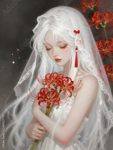 anime girl with white hair and red spider lilies