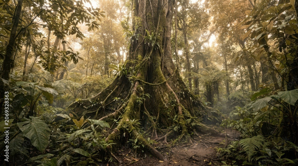 Obraz premium Ancient, moss-covered tree with massive roots in a lush, misty rainforest