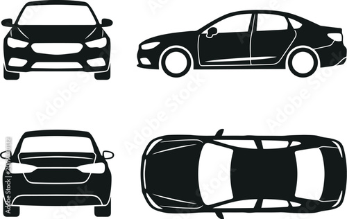 Sports car silhouette on white background. Vehicle icons set view from side, front, back, and top