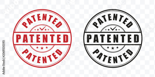 Patented rubber stamp vector set, red and black circular patent pending seal icons, official intellectual property certification labels for business