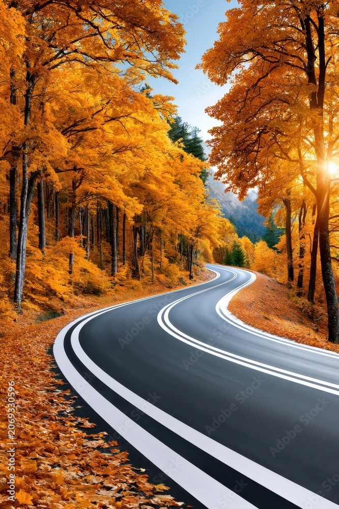 Fototapeta premium Winding road through autumn forest with golden leaves and sunlit scenic drive