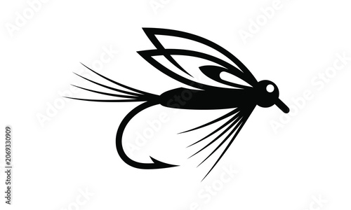 Tableau sur toile Fly fishing lure silhouette black artificial insect bait design for anglers and