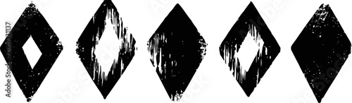 set of five black distressed diamond shapes with rough, textured edges isolated on white