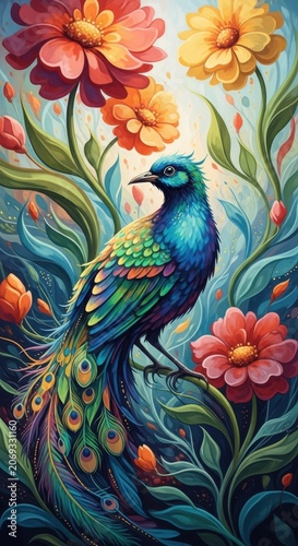Vibrant Peacock Perched Amongst Colorful Blooming Flowers.