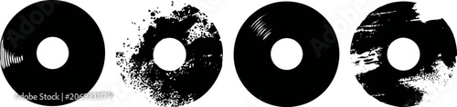 Vinyl record with various worn and scratched textures, vintage music discs in black