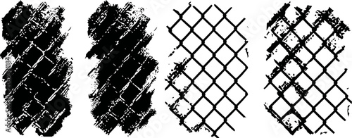 Grunge chain link fence texture set, distressed metal mesh patterns, urban industrial backgrounds