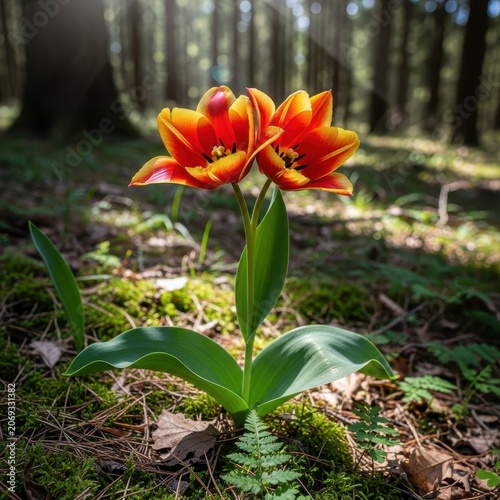 Vibrant Orange Tulips Blooming in Sunlit Forest Floor.