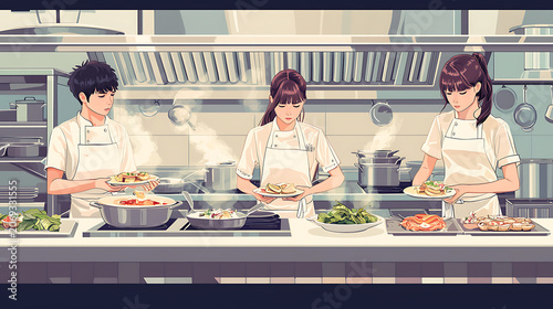 Three chefs preparing food in a commercial kitchen with various dishes
