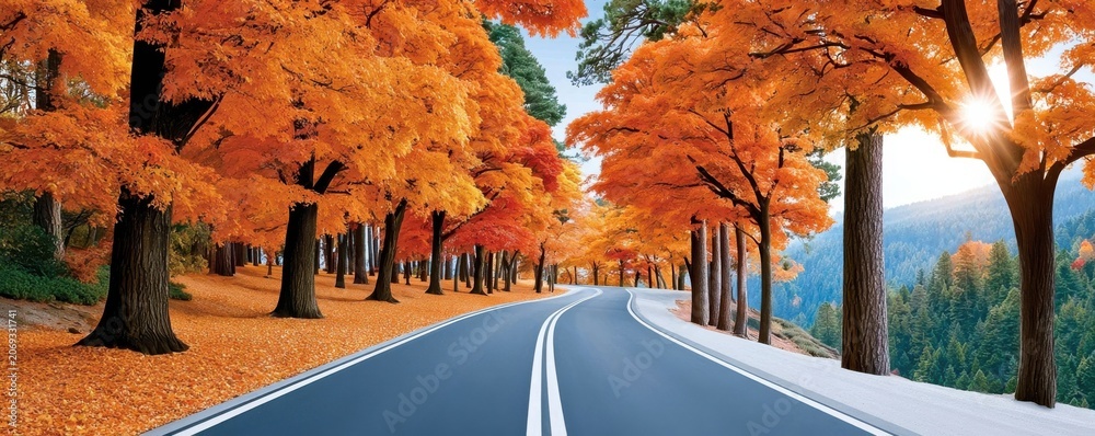 Fototapeta premium Winding two-lane road through vibrant autumn trees with golden leaves and distant forest views