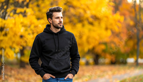 Man in black hoodie standing in autumn park with golden leaves, looking to the side