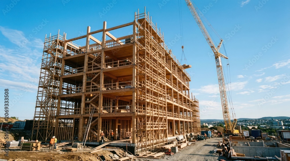 Obraz premium Massive Timber Building Under Construction with Crane and Blue Sky.