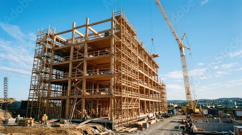 Massive Timber Building Under Construction with Crane and Blue Sky.