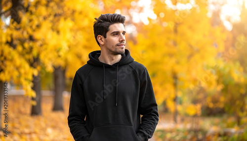 Man in black hoodie standing in autumn park with golden trees and fallen leaves, looking to the side with a thoughtful expression