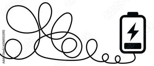 Obraz na plátně Battery icon showing low charge level with lightning bolt symbol attached to long tangled power cable