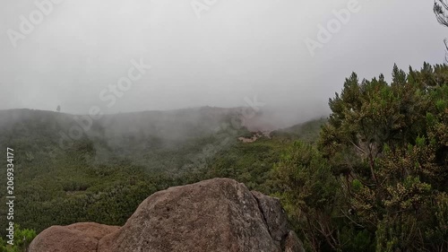 Handheld Shot of a Mountain Crest Engulfed in Cloud and Low Visibility, Madeira, Portugal